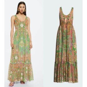 MNG Mango Paisley Maxi Dress Green Boho Sleeveless Tiered Summer Size S